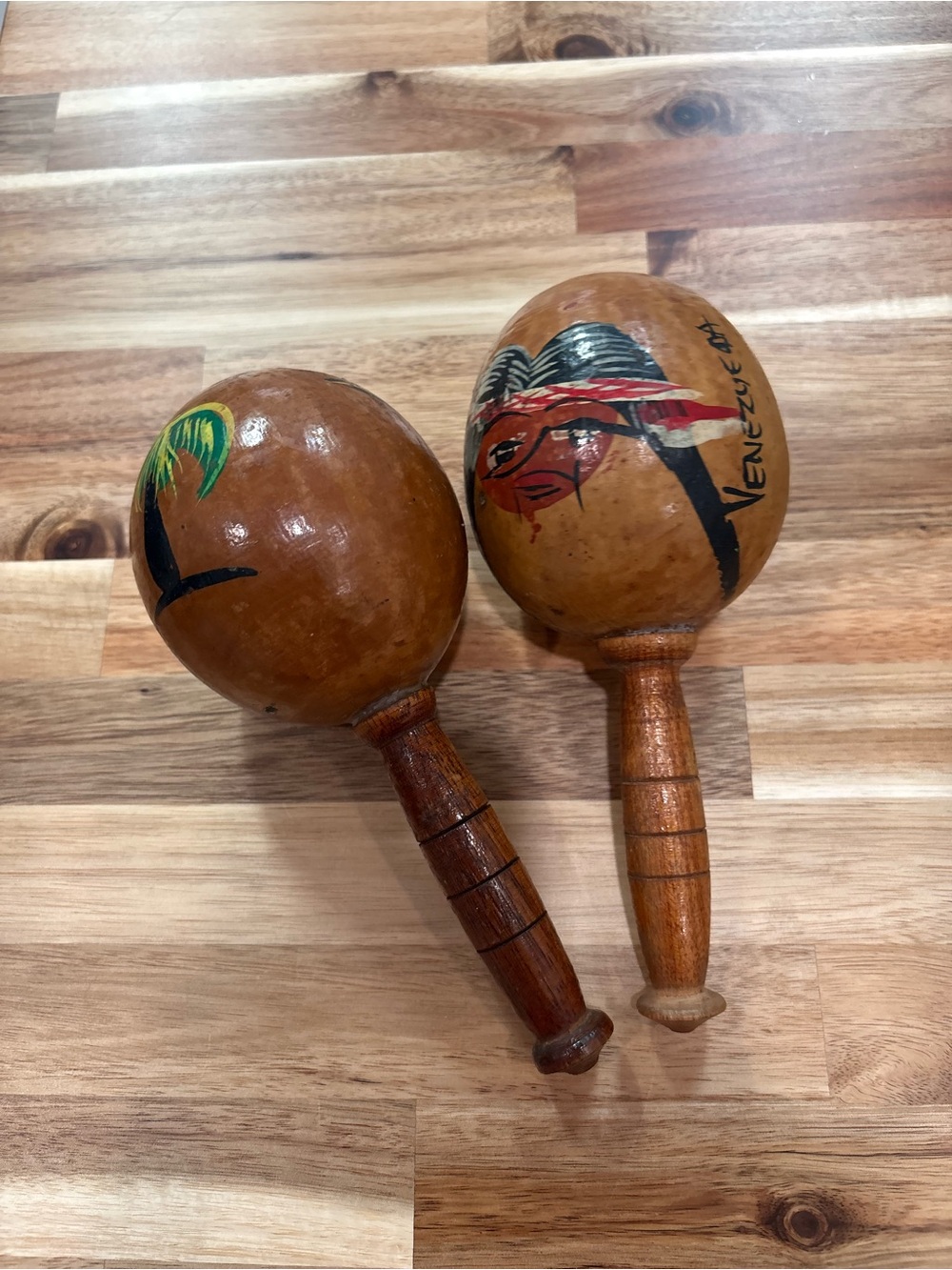 Hand-Painted Brown Wooden Maracas Pair - Decorative Party Shakers